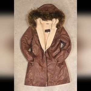 Ayka Deri Christina Women's Brown Fur-Trimmed Leather Coat